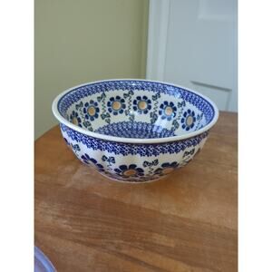 Boleslawiec Unikat Polish Pottery Blue Rose Large Mixing Bowl G Malkowska